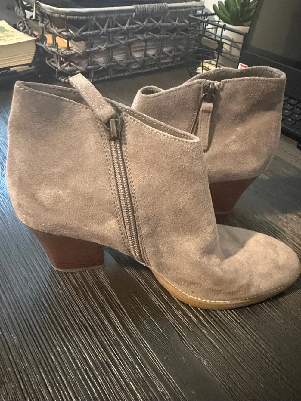 Susina Taupe Suede Ankle Booties with Block Heel
